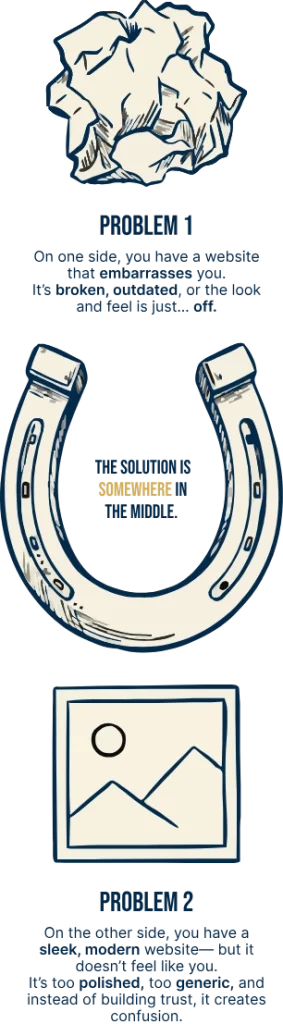 Illustration featuring a crumpled paper labeled "DIY lacks the skill," a horseshoe with "The solution is somewhere in the middle," and a framed picture labeled "Designer brand lacks the understanding."