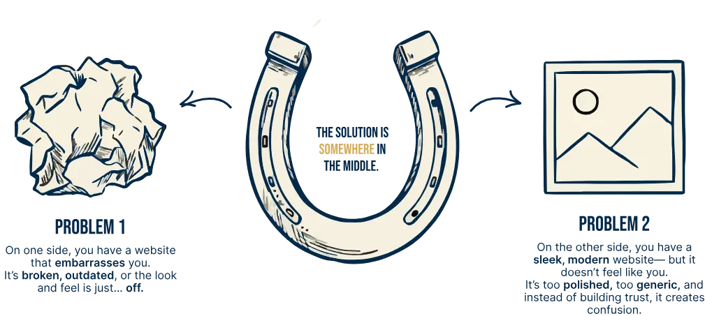 Illustration featuring a crumpled paper labeled "DIY lacks the skill," a horseshoe with "The solution is somewhere in the middle," and a framed picture labeled "Designer brand lacks the understanding."